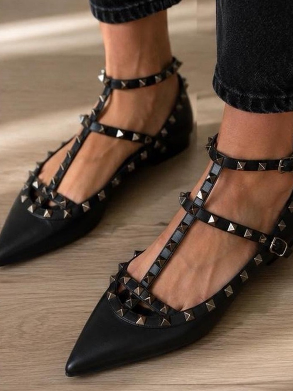 VALENTINO ROCKSTUD STUDDED CAGE BALLET FLATS - BLACK NOIR LEATHER SIZE 40